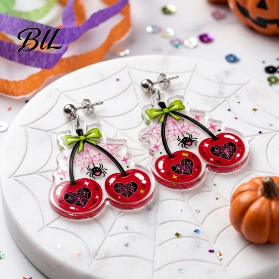 Dark Style Pendant Earrings 1 Pair Acrylic Cherry for Women, 2D Fruit Dangle Drop Halloween Party Jewelry with Spider Web And Bow, Punk Goth Aesthetic