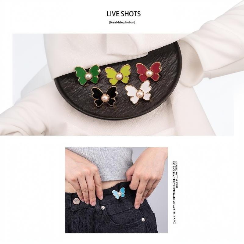2Pcs Pearl Butterfly Adjustable Pant Waist Tightener Jeans Alloy Button No Sewing Required Easy To Install Accessory Pins