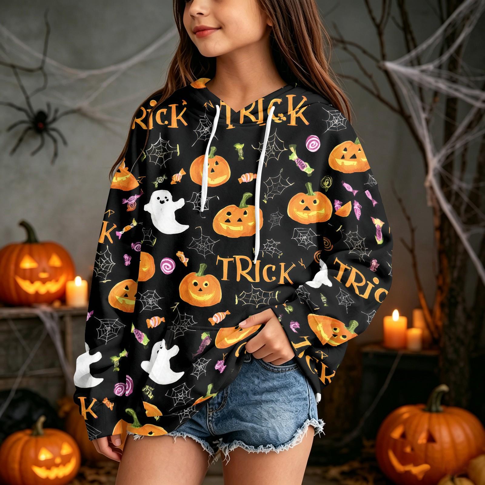 Kids Halloween Print Hoodie Pullover Sweatshirt for Boys Girls Casual Wear 90