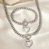 Stainless Steel 18K Gold Plated Heart Pendant Necklace Bracelet Set Women Hip Hop OT Buckle Cuban Clavicle Chain Jewelry