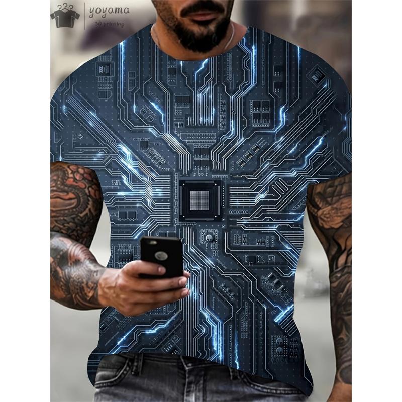 Summer Men Circuit Board Electronic Chip Cpu Creative Graphics 3d Printing T-Shirt Fashion O NECK Short Sleeve Oversized T-shirt