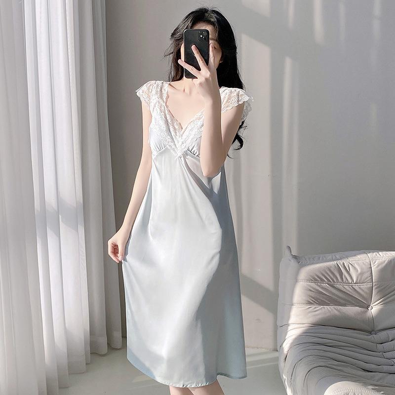 Ice Silk Pajamas Women's Summer 1011 New Sexy Lace Suspender Nightdress with Chest Pad Pure Desire One-word Shoulder Loungewear