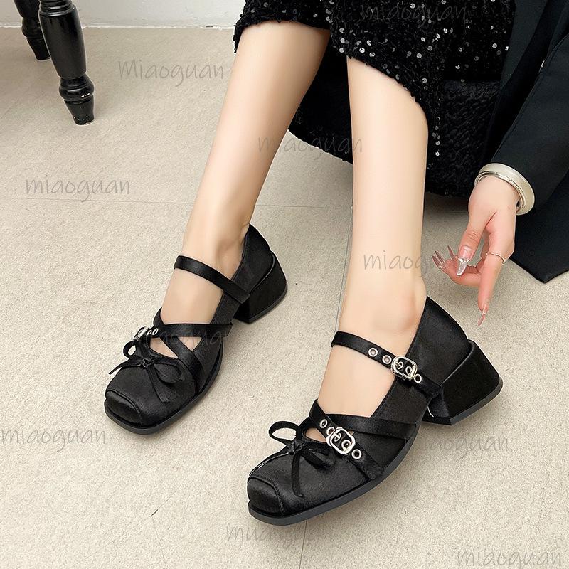 Fashion Mid Heel Belt Buckle Bow Square Toe Women's Lolita Shoes Chunky Heels Women Mary Jane Shoes Size 35-40 Elegant Zapatos De Mujer