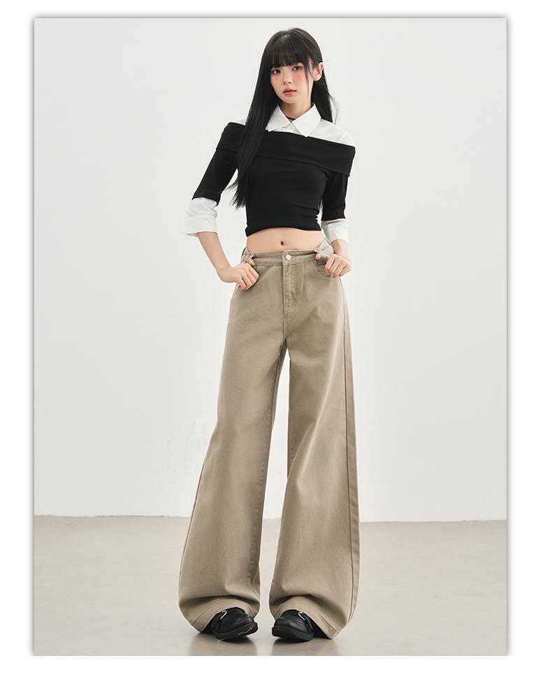 Romon Autumn/Winter Jeans Women's American Khaki High Waist Straight Tube Versatile Loose Look Thin Wide Legs Floor length Pants