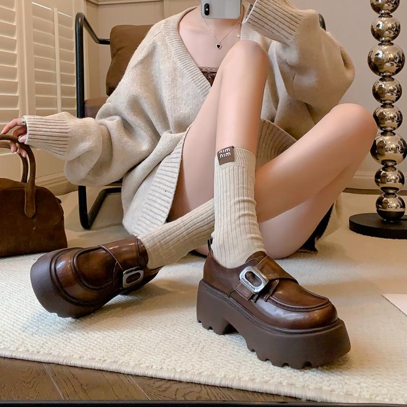 Fashion Women's new leather cowhide thick sole waterproof platform high heels metal belt buckle college style single shoes casual shoes