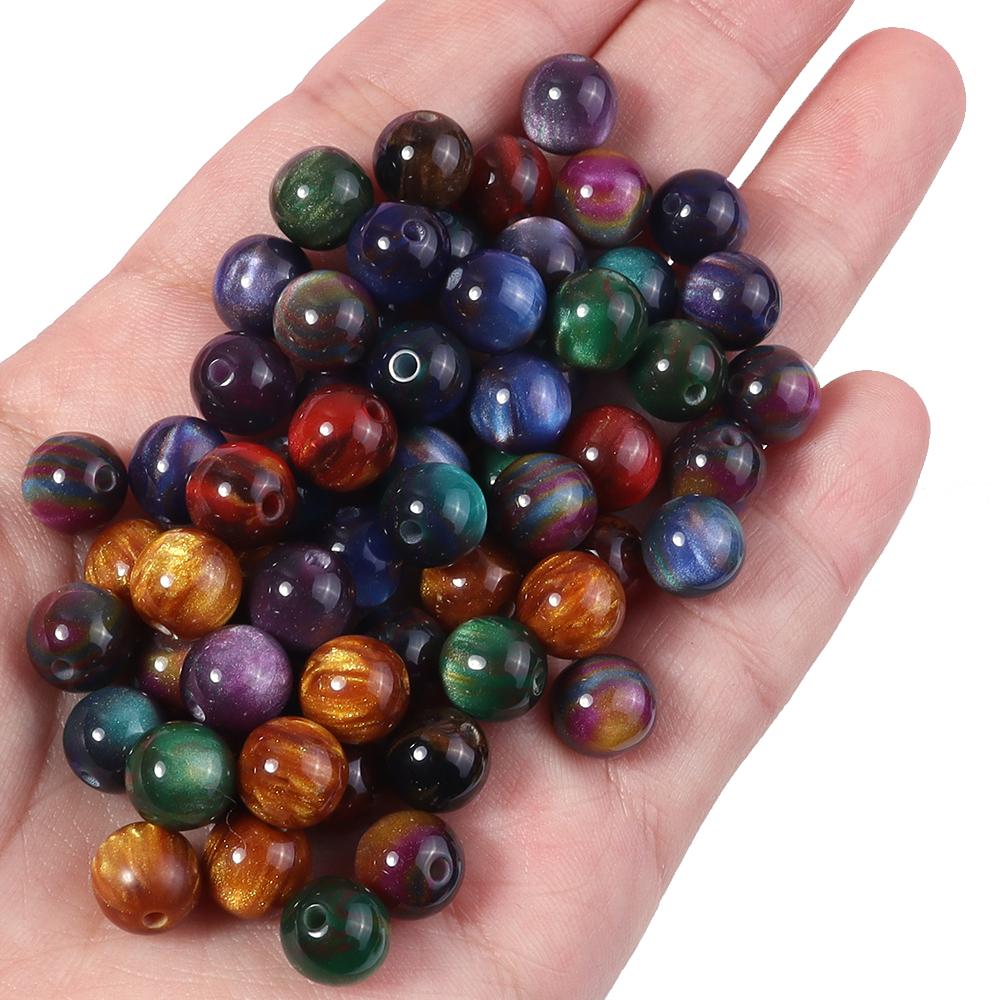 50 Stück 8mm Dunkle Farbe Imitation Katzenauge Harzperlen Glitzer Sternenhimmel Runde Lose Perlen Für Schmuckherstellung DIY Armbänder Halskette