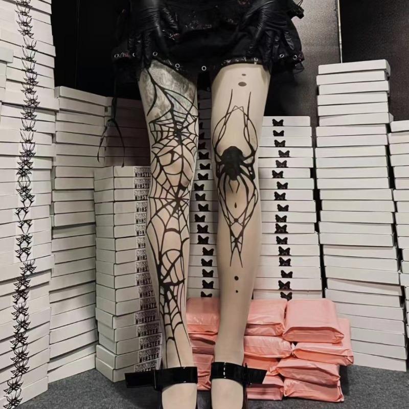 Yiran Sexy Lingerie Women's Dark Goth Big Spider Pattern Silk Stockings Gothic Vintage Fishnet Tights Alternative Sexy Spider Web Witch Pantyhose Cm