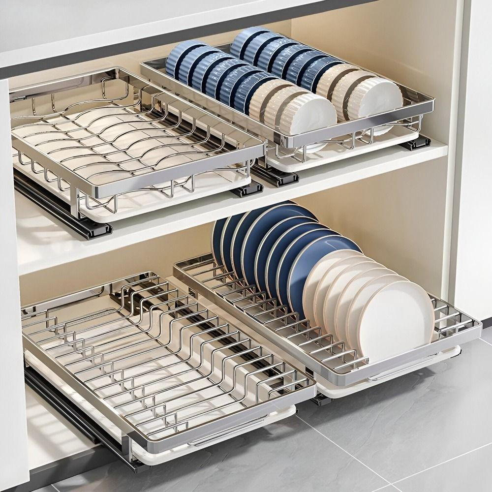 Large Pull-out Dish Rack Drawer Type Dish Drainer Storage Rack Durable Cabinets Organizer  Kitchen