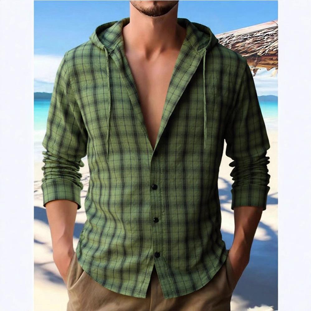 Men's Plaid Hooded Long Sleeve Shirt Autumn Thin Cardigan Sunscreen Shirt