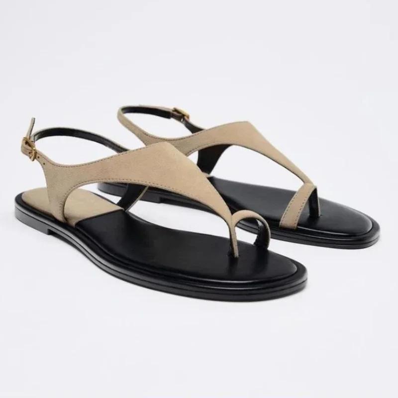 2026 Summer New Flat Bottom Buckle Strap Women's Sandals Casual Versatile Comfort Pinch Toe Concise Beach Sandals Women