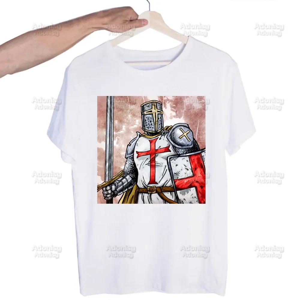 Medieval Knights Templar Printed T Shirt Men Retro Washed Tops Tees Harajuku Tshirt Streetwear Hip Hop Male T-shirts