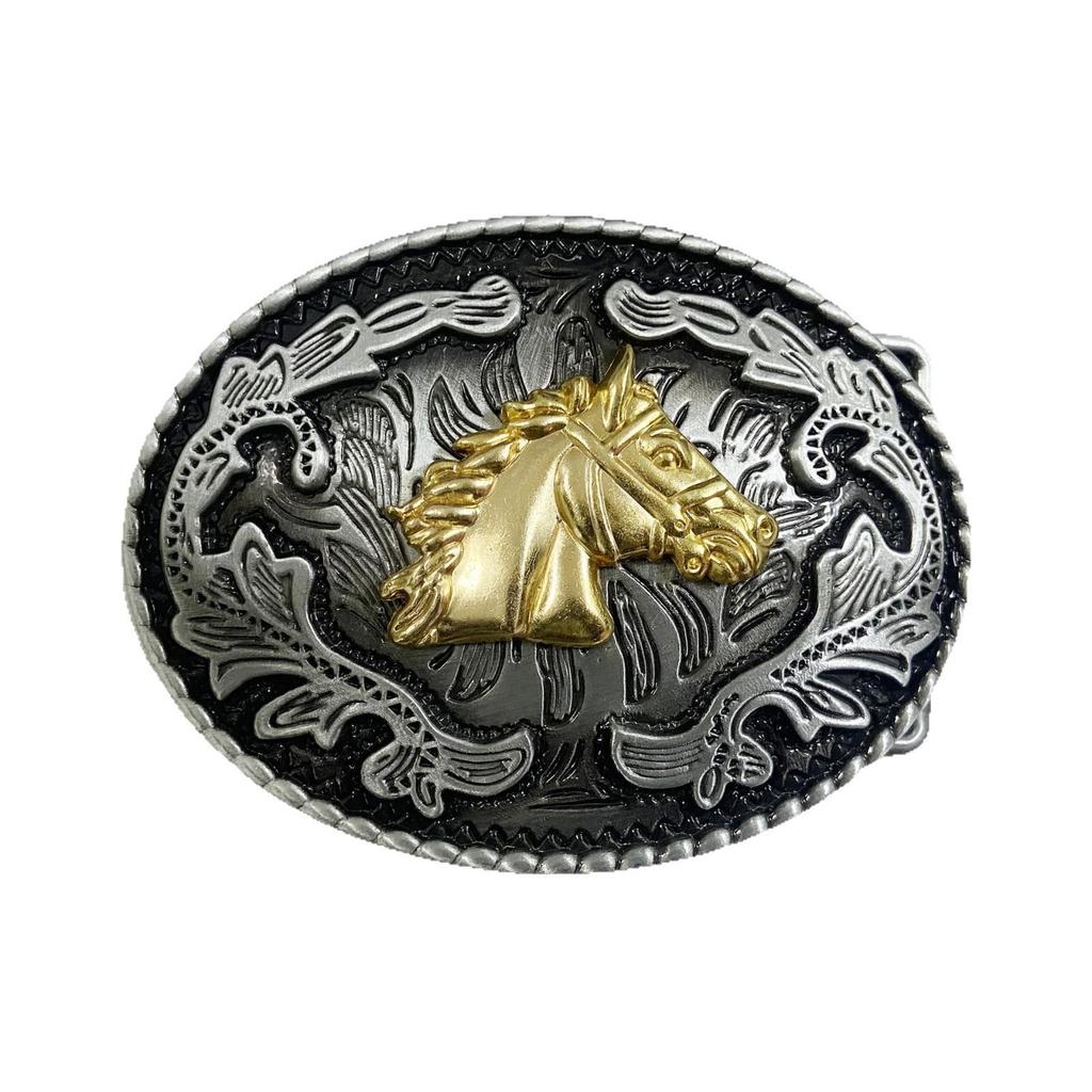 Golden Horse Oval Belt Buckle: Ethnic-Western Tang Grass Design