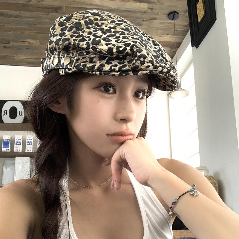 Niche Design Sense of Tide and Leopard Print Hat Y2K Subculture Retro Forward Hat Women's Fashion Versatile Beret