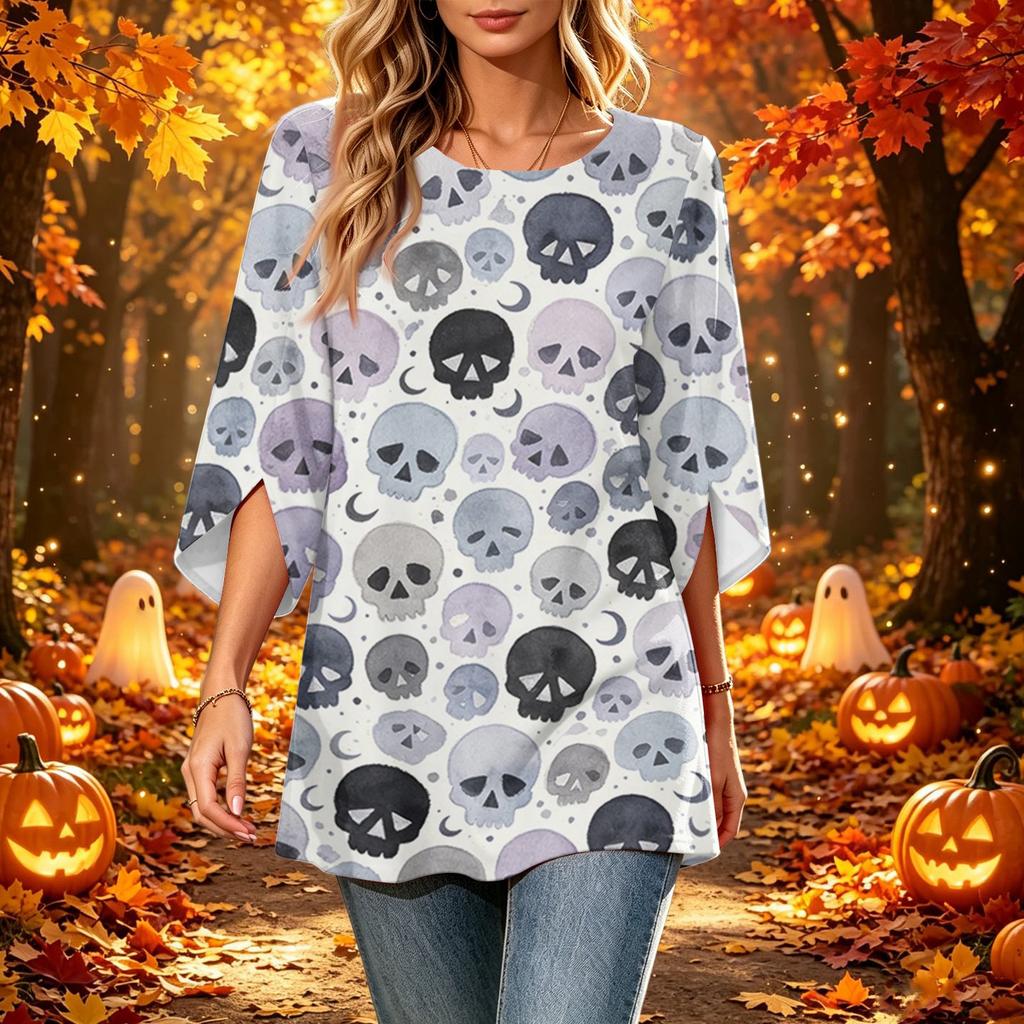 Women's Halloween Print Casual Loose Fit Three-Quarter Sleeve Round Neck Top