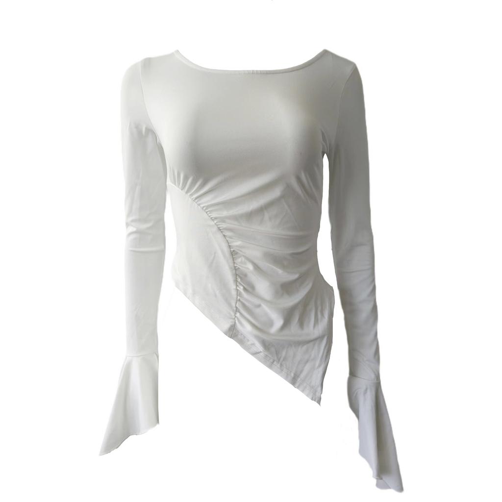 Spot simple white T-shirt autumn and winter new flared sleeve bottoming shirt temperament slim and thin women's clothing