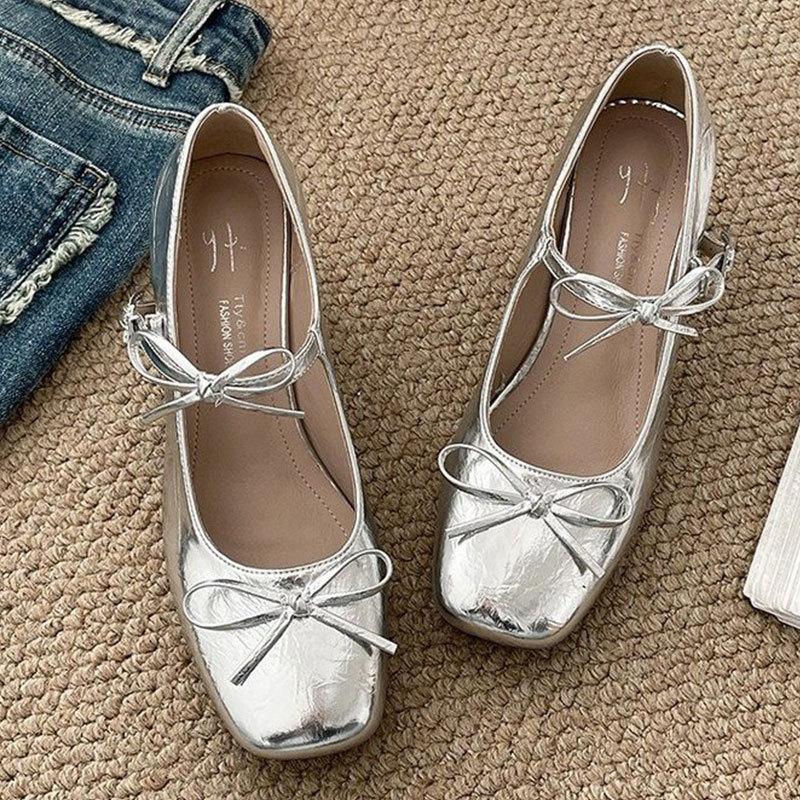 

Bow one-word strap high heels spring new Mary Jane shoes ballet shoes square head thick heel light mouth single shoes 35