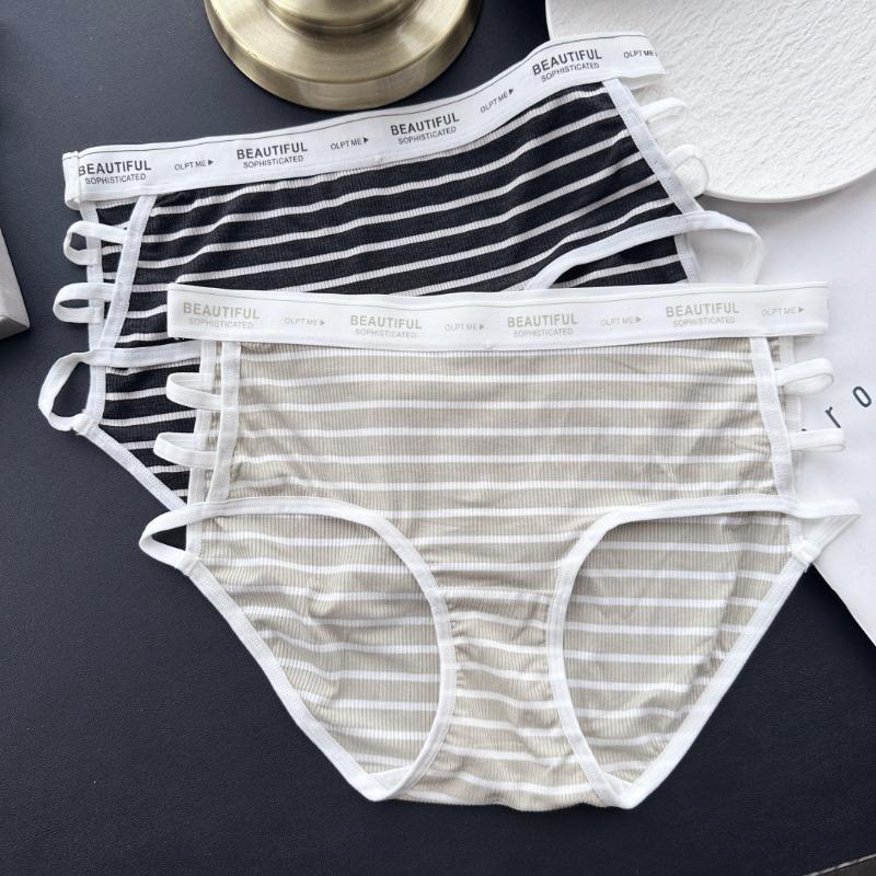 Women's Spring and Summer Sports Style Personality Stripe Pit Side Open Ice Silk Mid Waist Underwear