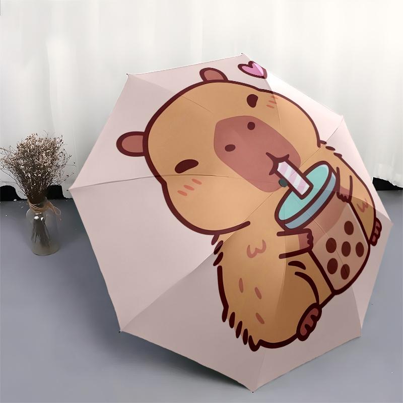 Capybara,Bubble Milk Tea Automatic Folding Umbrella Simple 8 Rib Design, Bright Cartoon Pattern, Durable Iron Frame, Suitable For Travel, O