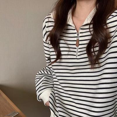 Lapel Sweatshirt Women's Thin Autumn Coat Striped Long-sleeved Top Niche New Zipper Polo Shirt Trend