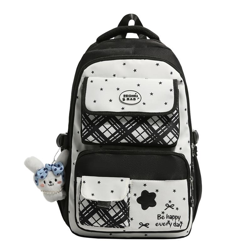 Printed Contrast Student Schoolbag Women s College Style Multi-Compartment Backpack