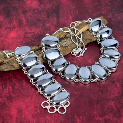 Set di gioielli con bracciale e collana in argento sterling massiccio 925 Shungite, gioielli con pietre preziose di forma ovale, set di gioielli con catena regolabile fatta a mano per lei