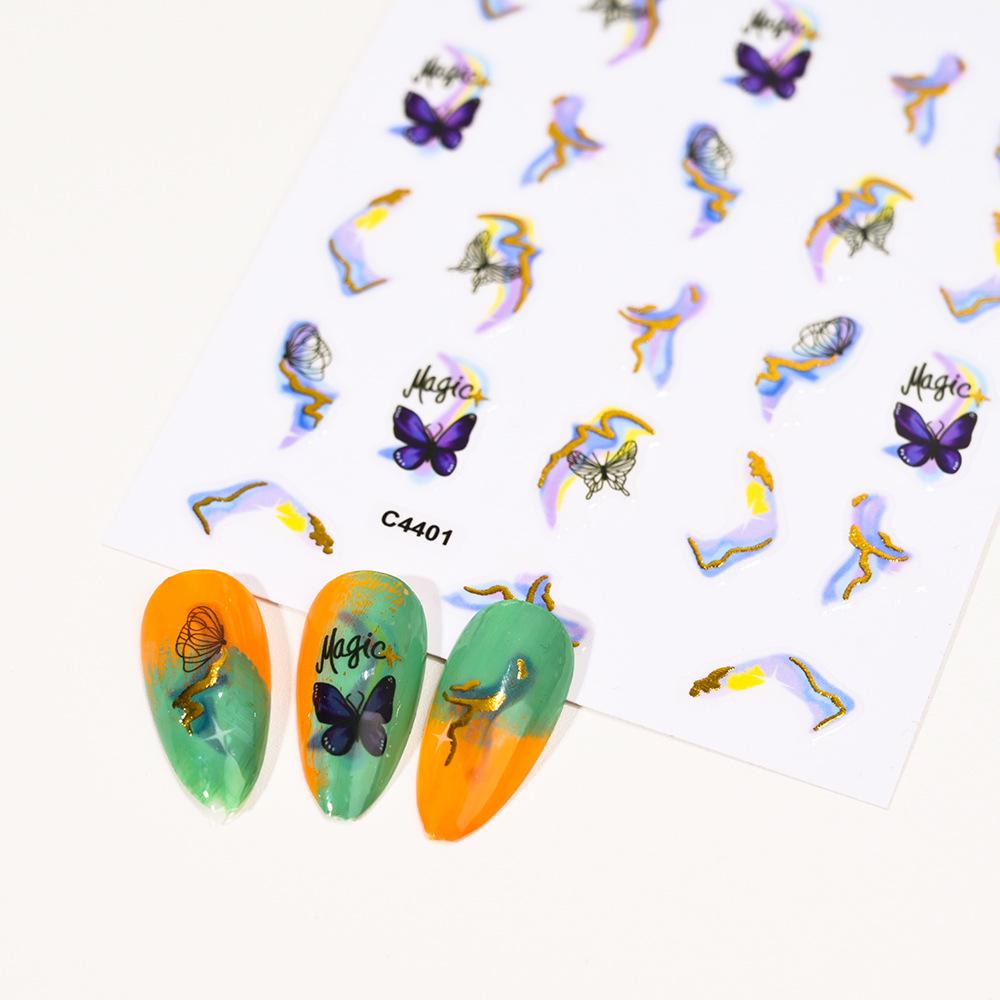 Bronzing Painted Nail Art Sticker 3D Adhesive Self-Adhesive Waterproof Nail Sticker Abstract Butterfly Line Gold Nail Sticker