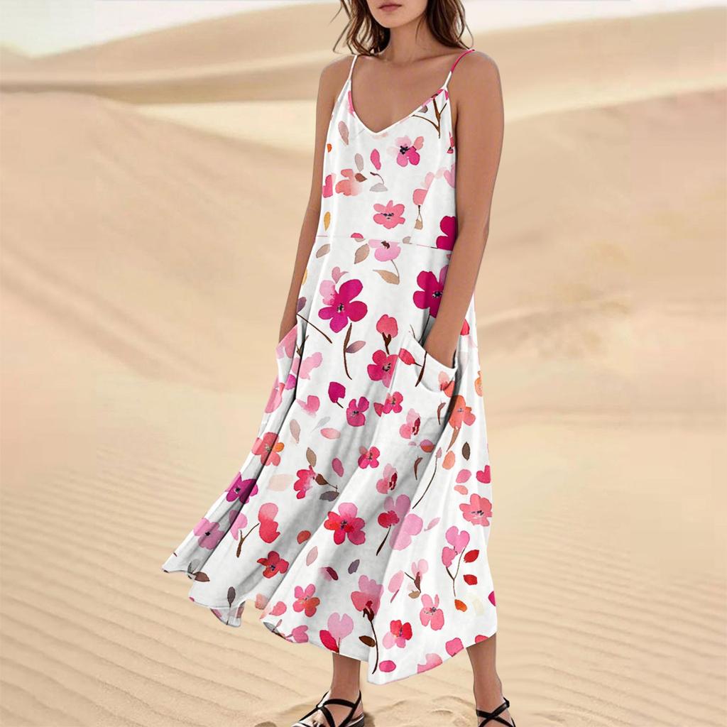 Damenmode Lässig Ärmellos Tasche Langes Strandkleid mit Blumendruck