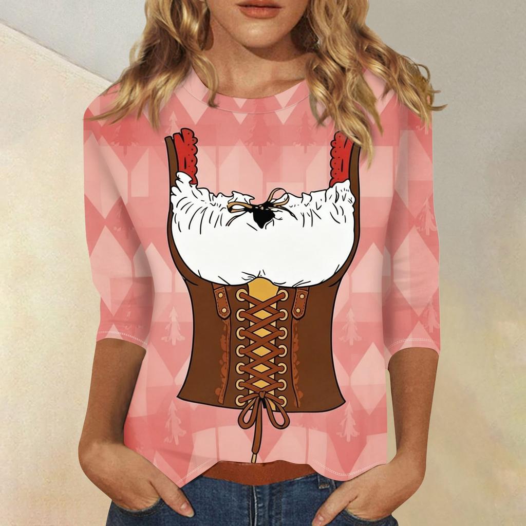 Haut Décontracté pour Femme à Manches Trois Quarts Imprimé Oktoberfest Col Rond Léger Coupe Confortable Chemisier pour un Usage Quotidien