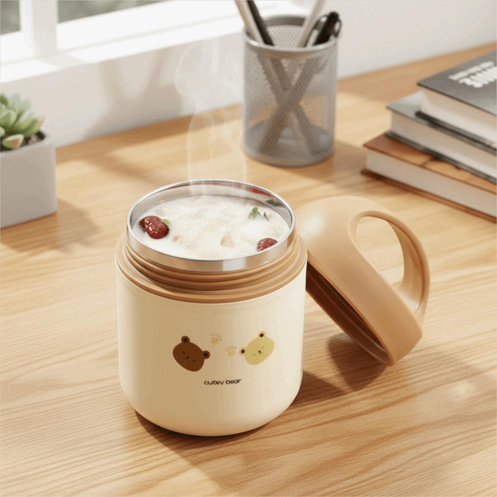 Cartoon Bear Insulated Porridge Cup Wide Mouth Leak-proof Thermal Soup Cup Sealed 304 Stainless Steel Inner Breakfast Cup