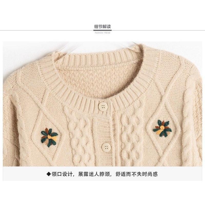 Embroidered Sweater Jacket Women's Short Loose Knitted Cardigan Round Neck Floral Thread Long-sleeved Top
