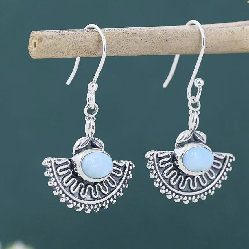 Vintage Roundd Inlaid Blue Stone Earrings Geometric Creativity Silver Color Dangle Earrings for Women Jewelry