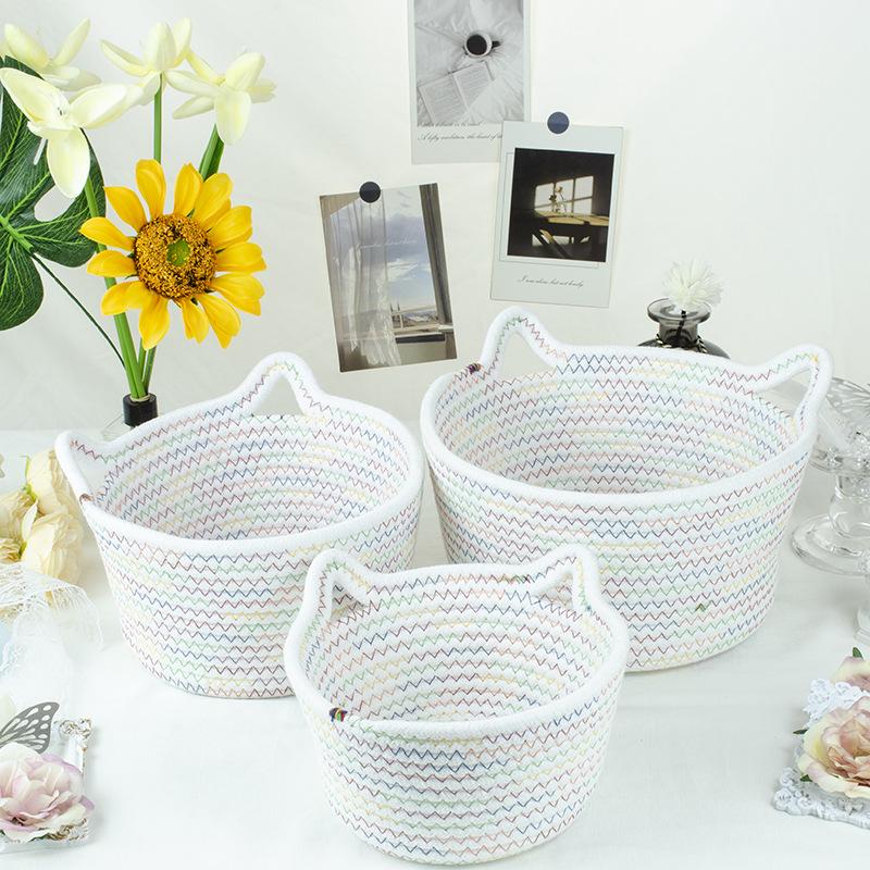 Cat Ears Desktop Storage Basket Handwoven Cartoon Storage Basket Living Room Key Cotton Rope Storage Basket Storage Basket