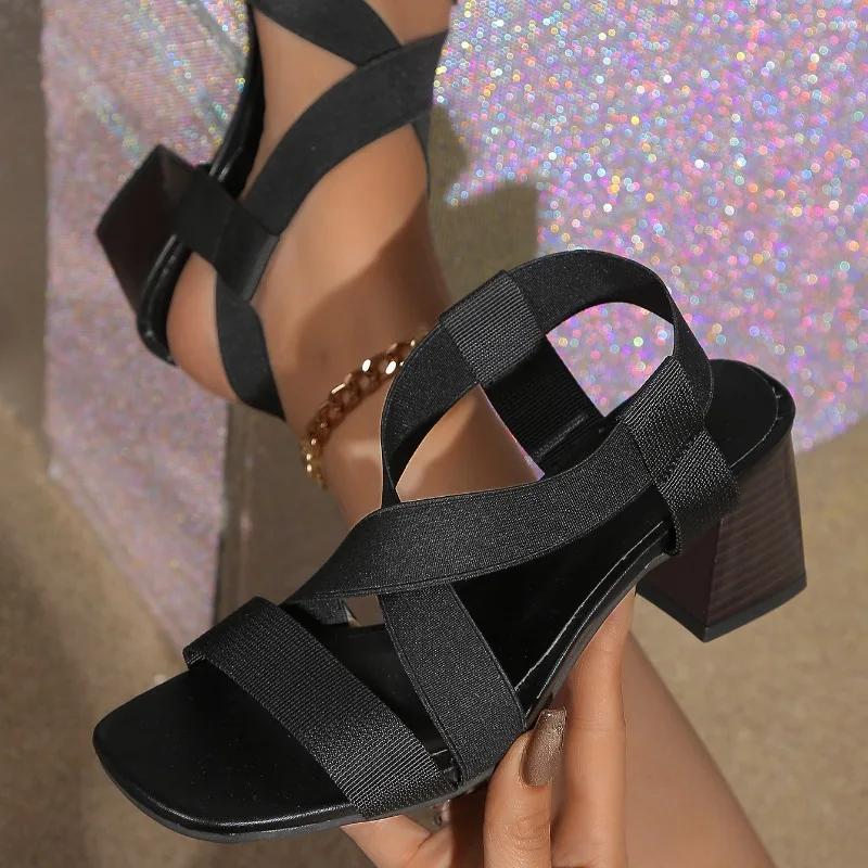 

Распродажа. Женская обувь. Высококачественные женские сандалии на эластичной ленте. Летние римские сандалии большого размера с открытым носком на массивном каблуке. 43