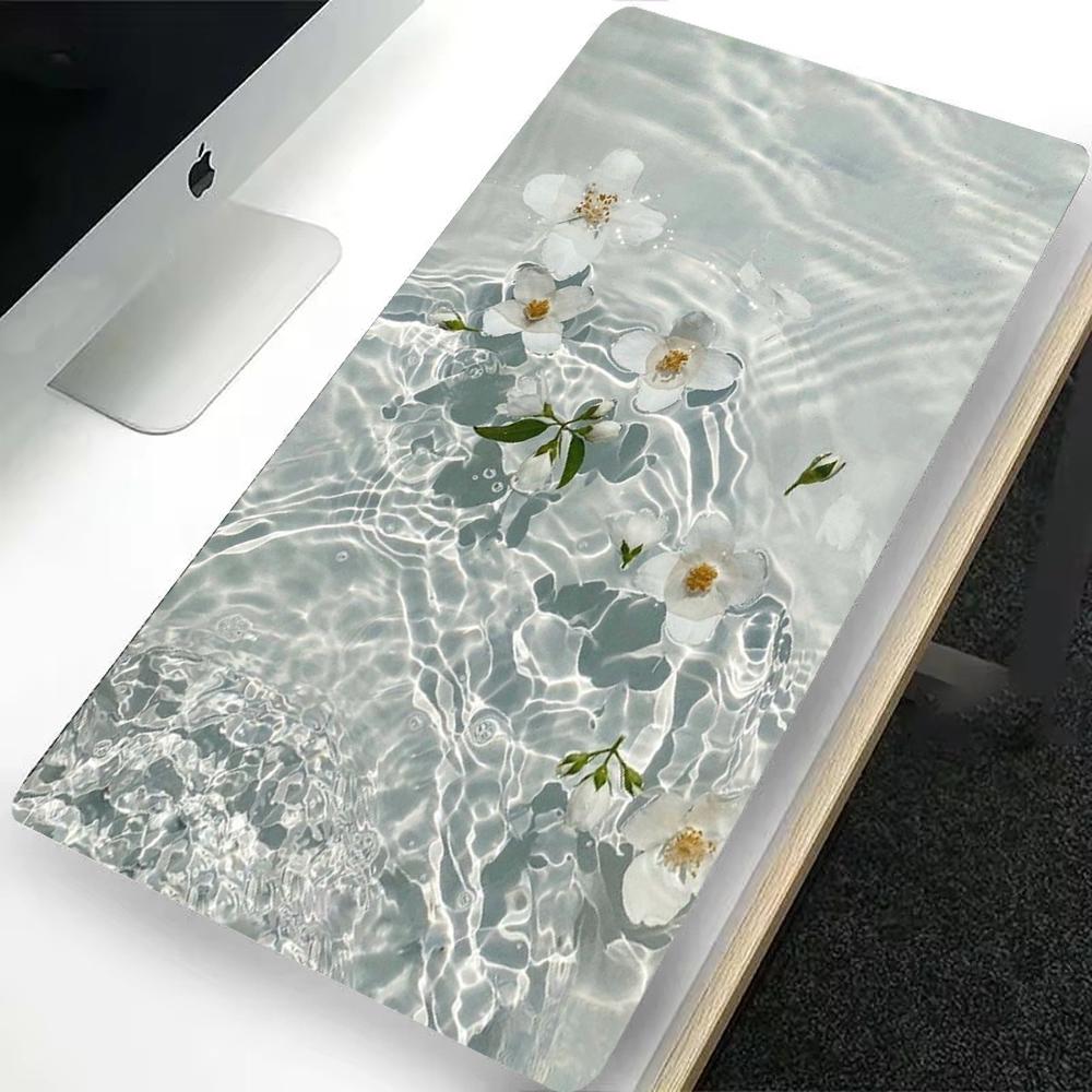 Water and Flower Mouse Pad XXL Desk Mat In Blue Pink Green White Stylish Design for Computers Offices and Gaming Keyboards