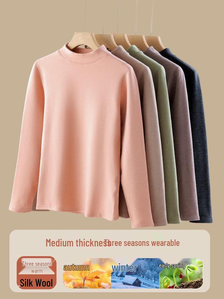 Women's Wool Silk Thermal Set: Warm Stand Collar Top & Trousers - Heat-Generating, Skin-Friendly Base Layer for Autumn/Winter.