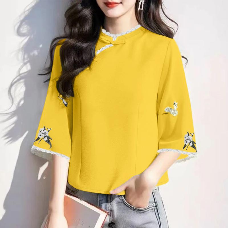 

ZANZEA Women Casual Stand Collar Loose 3/4 Sleeve Blouse 5XL жовтий