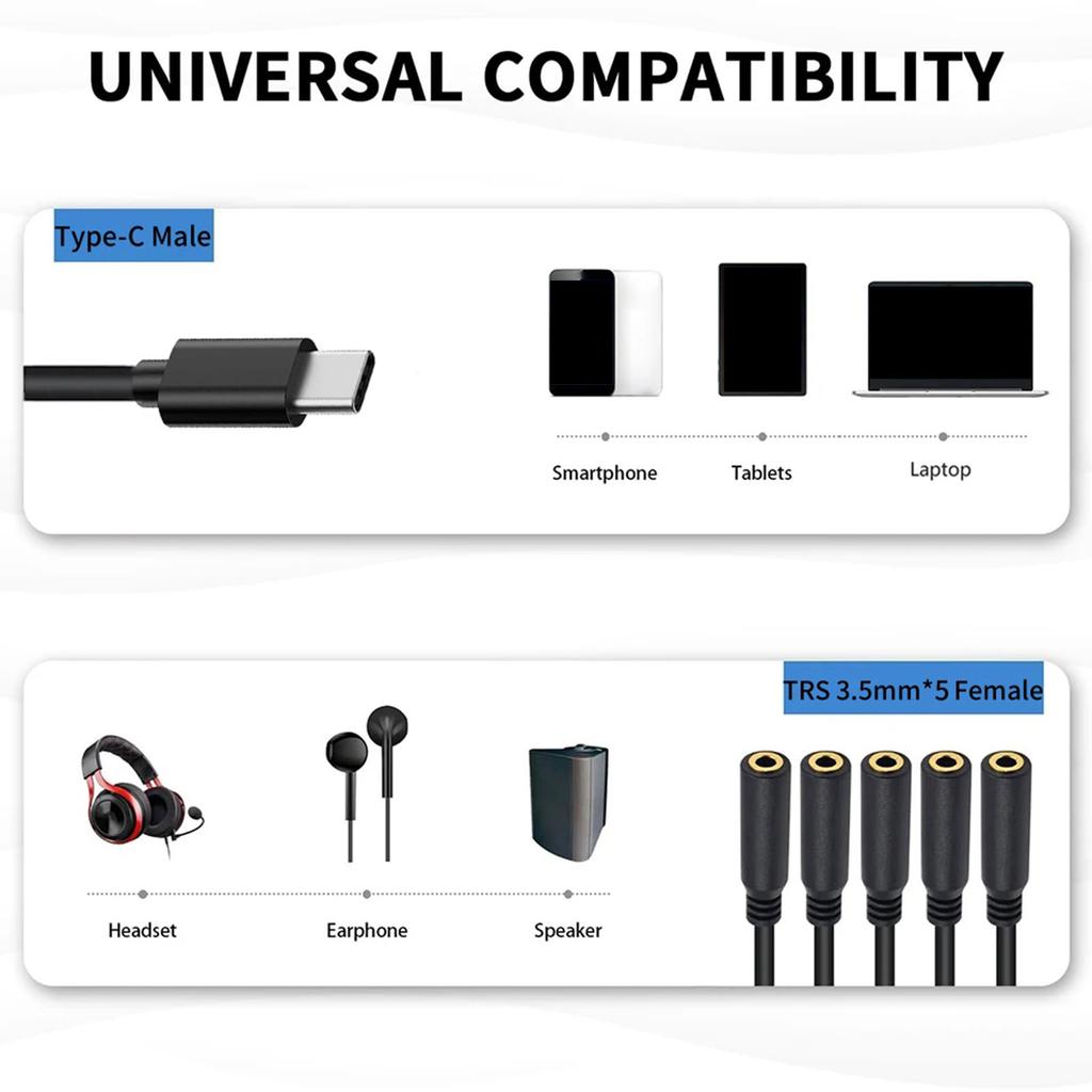 1 To 5 Ways USB Type C To 3.5mm TRS Female Multi Audio Headphone Stereo Cable Headset Splitter Cable for Phones Headsets Speaker
