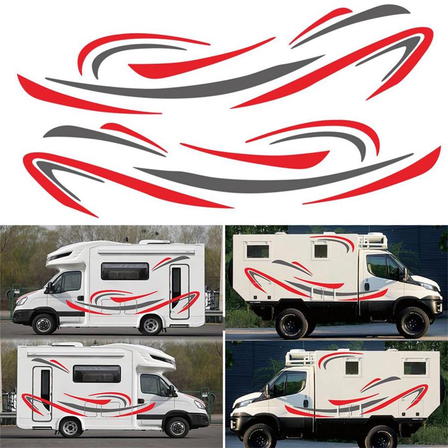 2x Car Red & Grey Stripes Decals Stickers For Caravan Travel Camper Van RV BUS