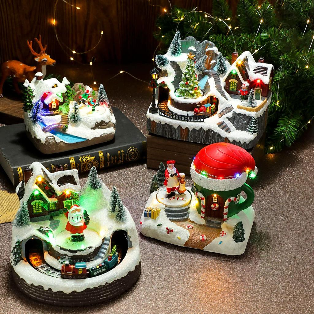 Christmas Glowing Snow House Sets Rotating Train Display Figurine Music or Home Bar Shop Holiday Decoration Gift