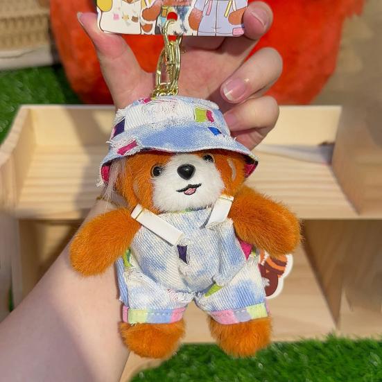 Plush Red Panda Keychain Denim Overalls Hat Stuffed Red Panda Key Ring Backpack Schoolbag Hanging Decoration Bag Charm Purse Pendant