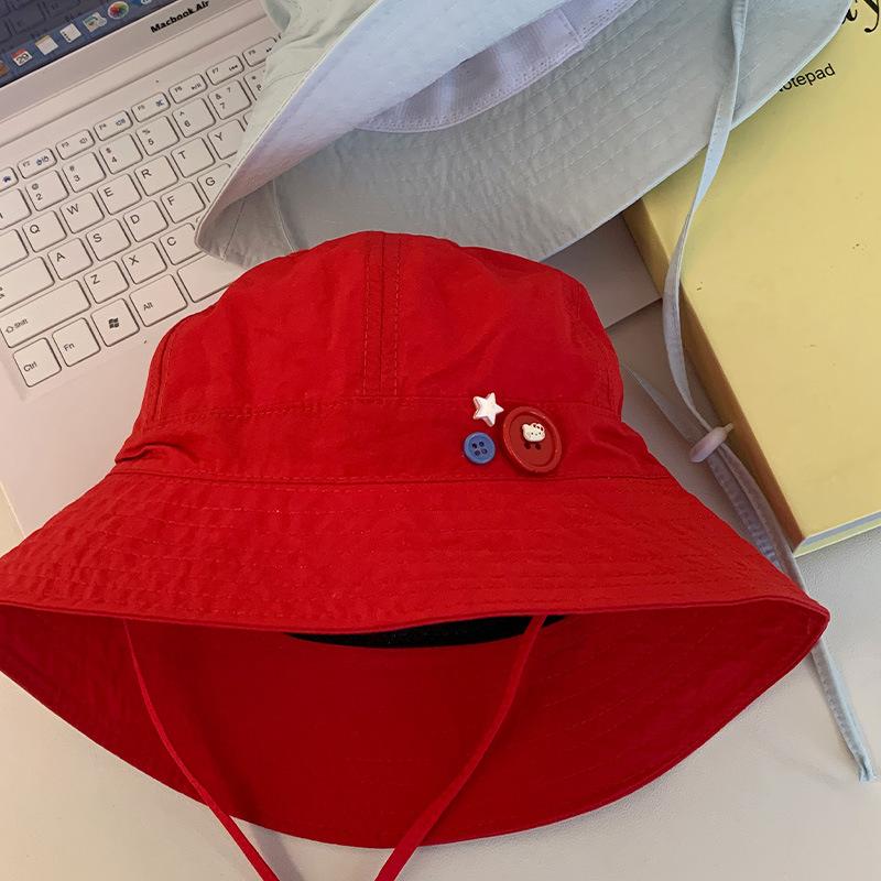 Cute red bow button quick drying bucket hat women's summer thin breathable flap hat sunshade sunscreen hat
