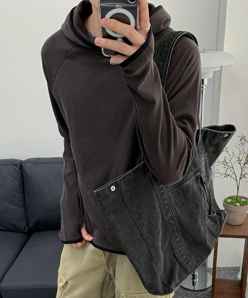 Ribbed Hooded Long Sleeve T-Shirt [Charcoal]