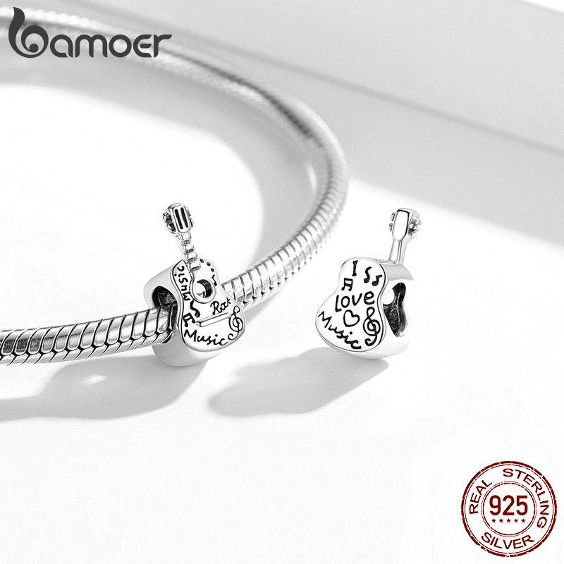 Bamoer 925 Sterling Silver Retro Charm for Original Bracelet Bangle Vintage Simple Guitar Charms Jewelry DIY Bracelet SCC1708