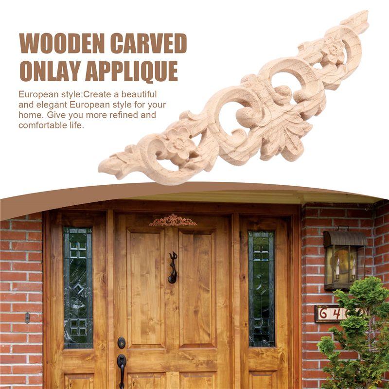 M-Modern-6Pcs Onlay Wood Mouldings Wood Applique Wood Decal Carved Unpainted Long Flower Rubber Wood Corner Furniture