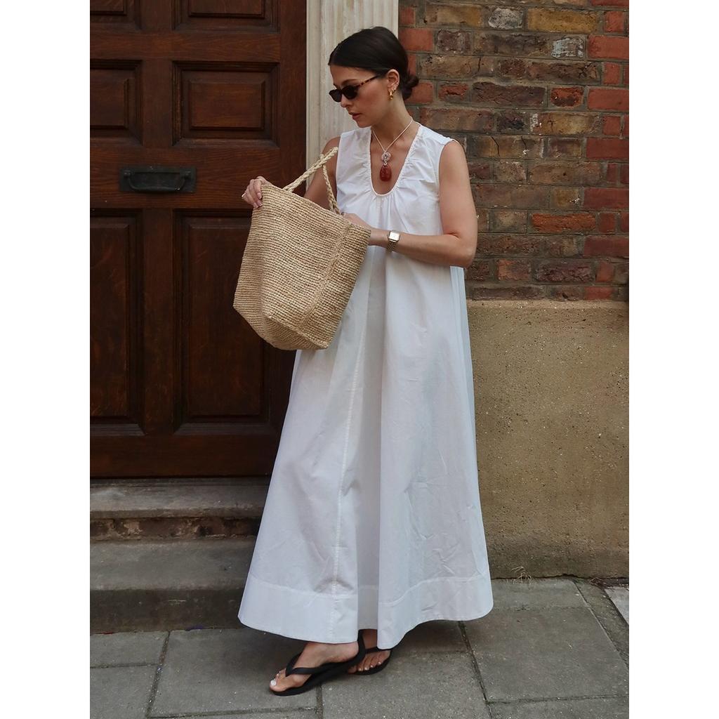 Summer New 100% Cotton Sleeveless U-Neck Loose Long Dress, Casual Vacation Dresses for Women, European and American Style