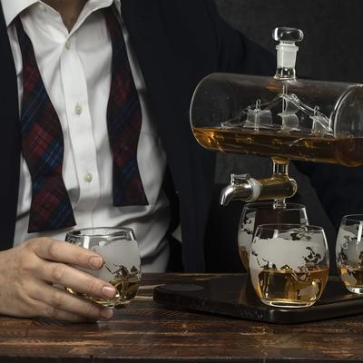 Nautical 1000ml Whiskey & Wine Decanter Set - Includes 4 Globe Glasses Elegant Home Bar Gift for Men and Dad