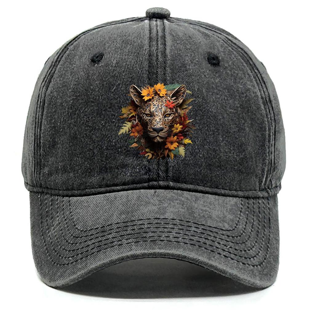 Black Leopard Print Adjustable Sun Hat, Animal Dad Hat Inelastic Casual Solid Color Lightweight Snapback Baseball Hat