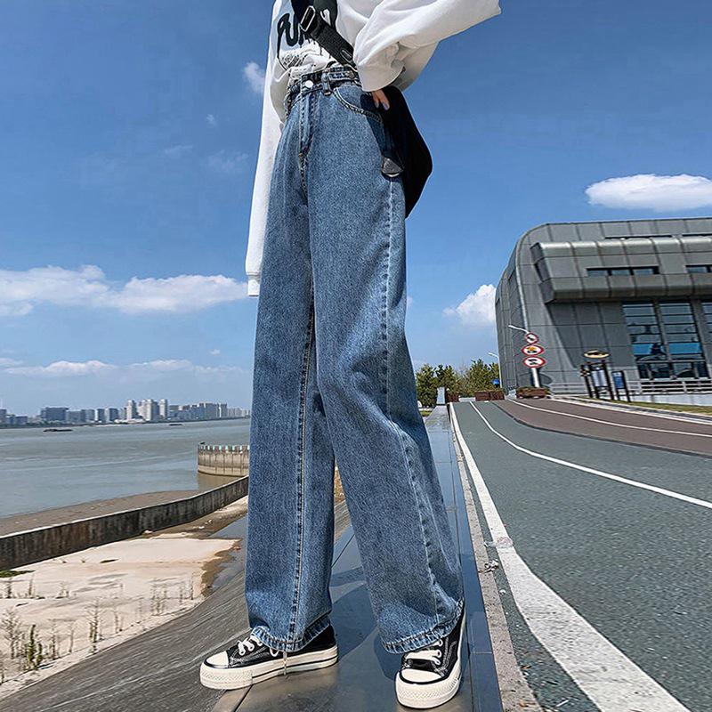 

High-Waist Adjustable Straight Leg Jeans - Women s Korean Style Loose Slimming Wide-Leg Floor-Length Dad Jeans S