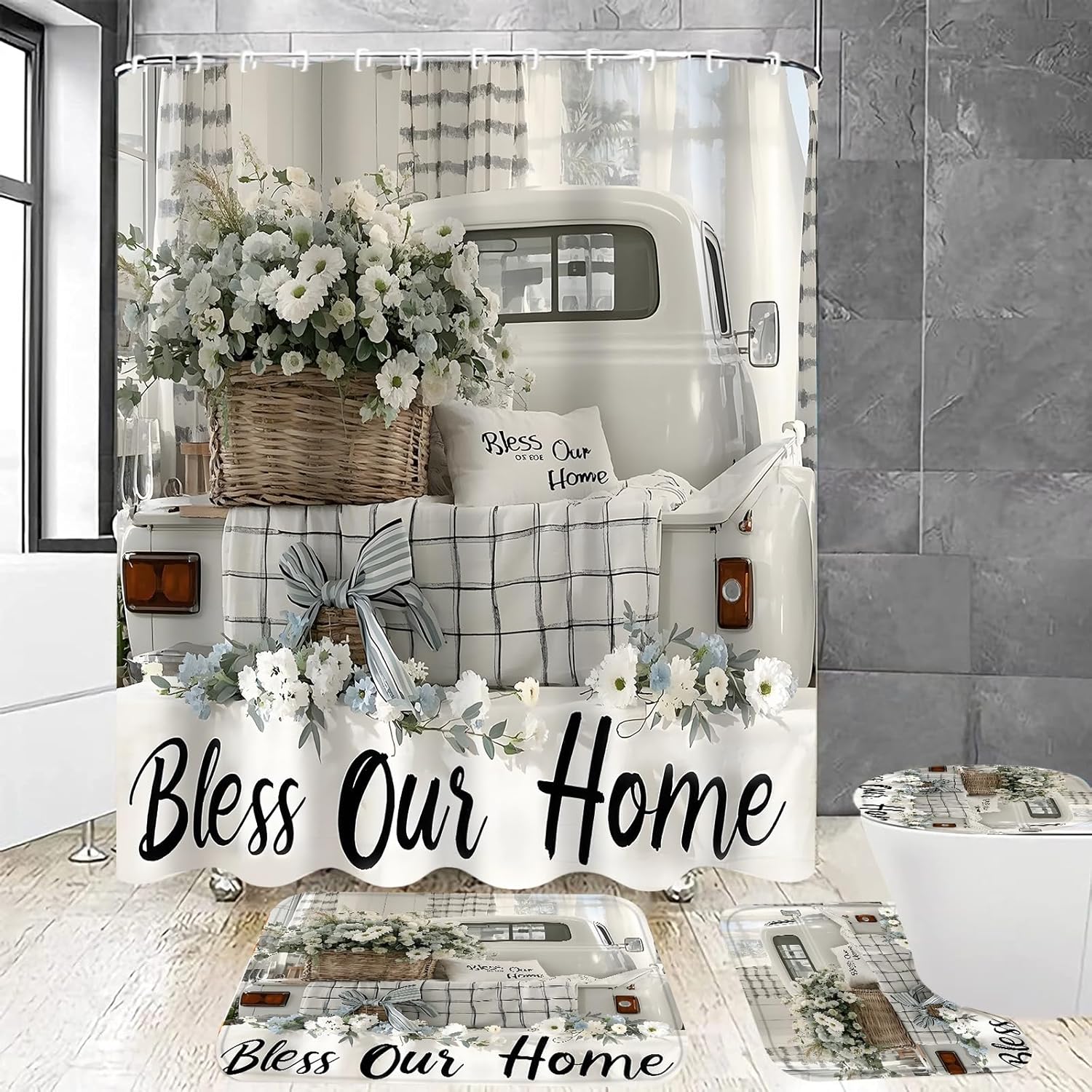 

Набор из 4 предметов: шторка для душа для ванной комнаты, шторка для ванной комнаты с белыми цветами, 12 крючков, нескользящие коврики, коврик для крышки унитаза, перегородка для ванной комнаты 4Pcs set