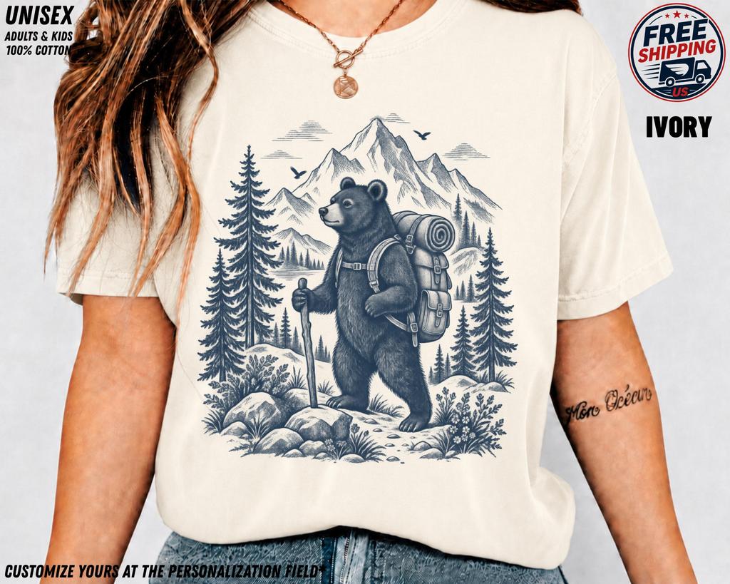 Vintage Hiking Bear Shirt, Camping Adventure Graphic Tee, Mountain Backpacker T-Shirt, Woodland Outdoors Gift